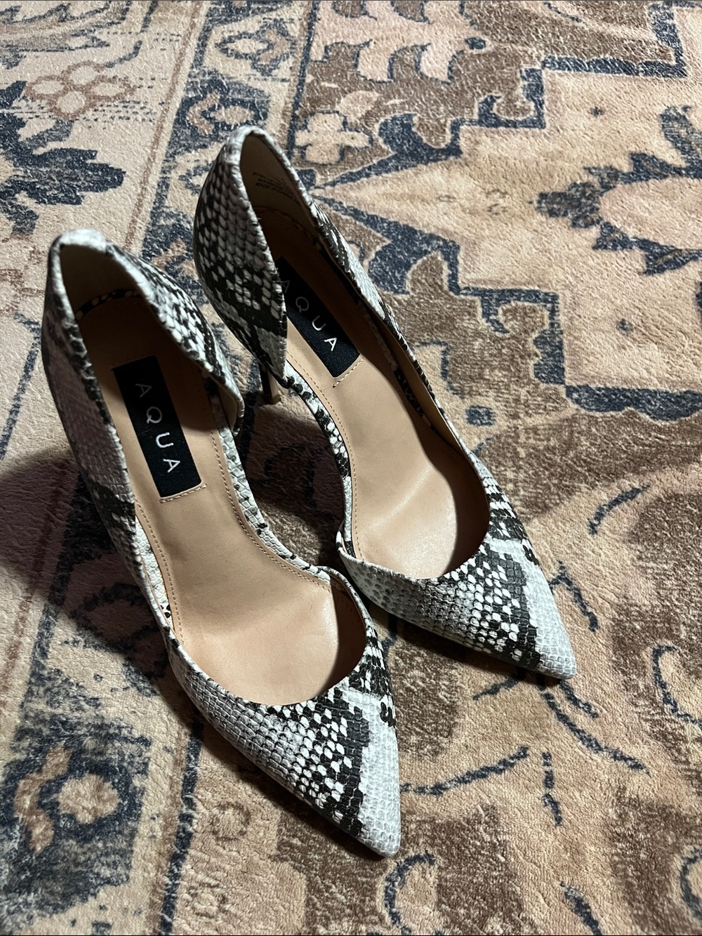 Aqua Black & White Snake-Print Pointed Toe Heels